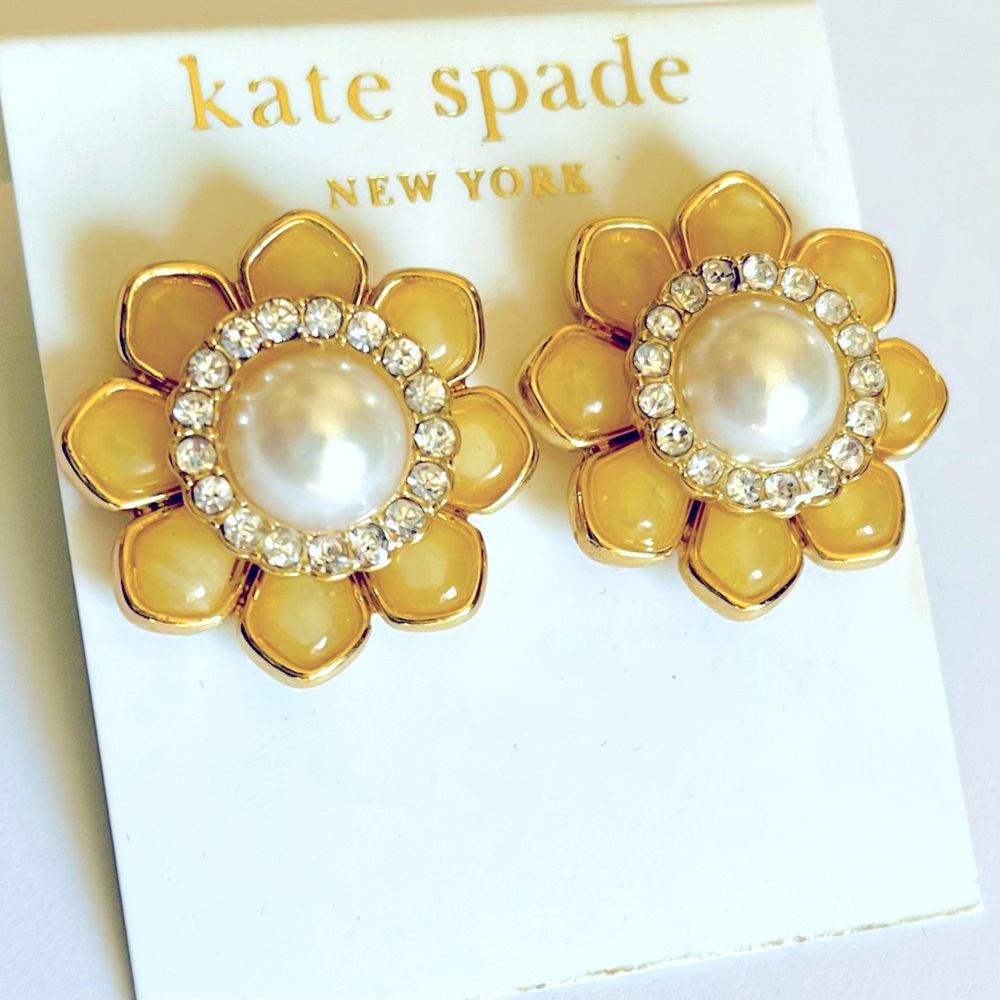 NWT KATE SPADE Art Deco Faux Pearl Floral Cubic Zirconia Large Stud Earrings